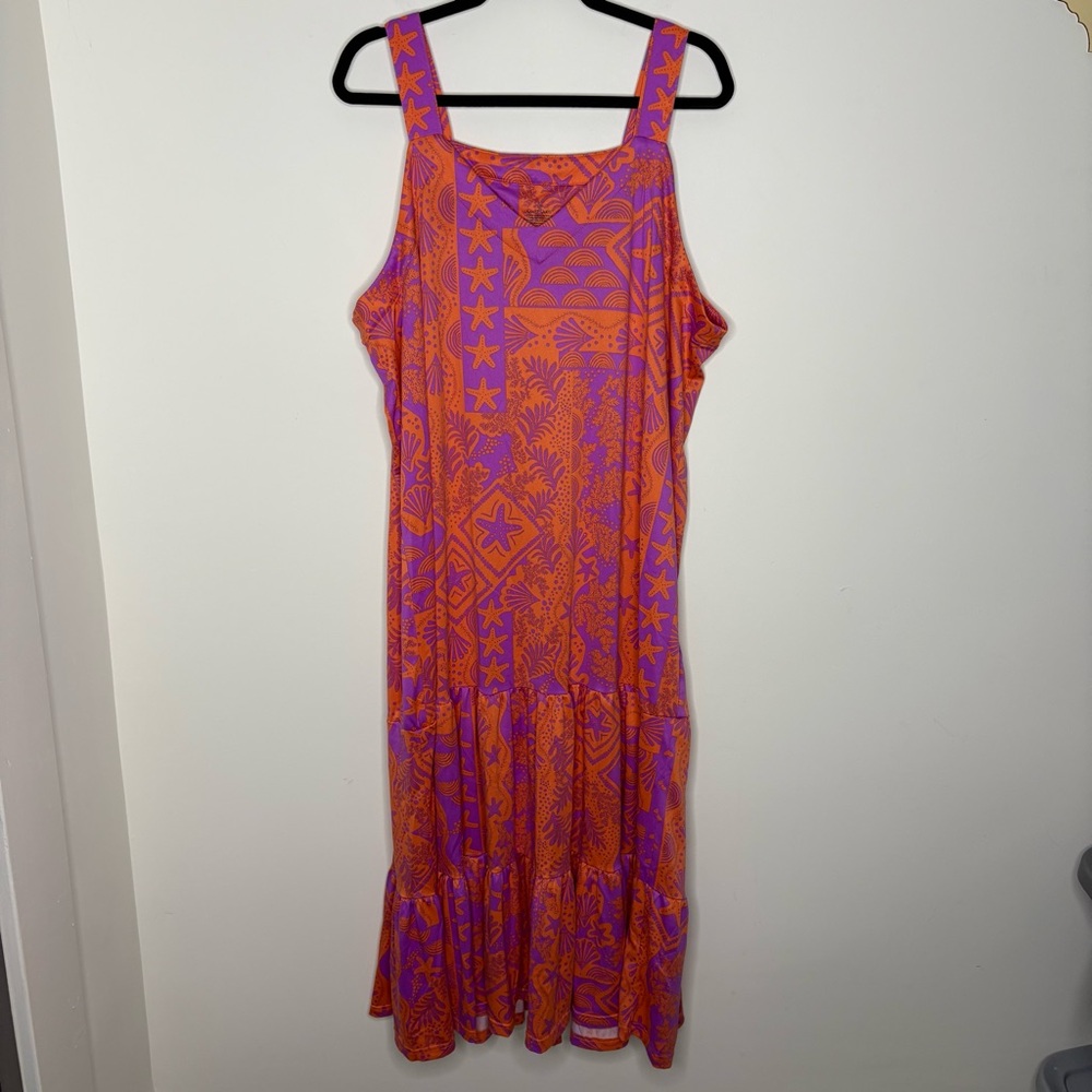 Cuddl Duds Orange and Purple Summer Ocean Print Maxi Dress XXL Beach Dress